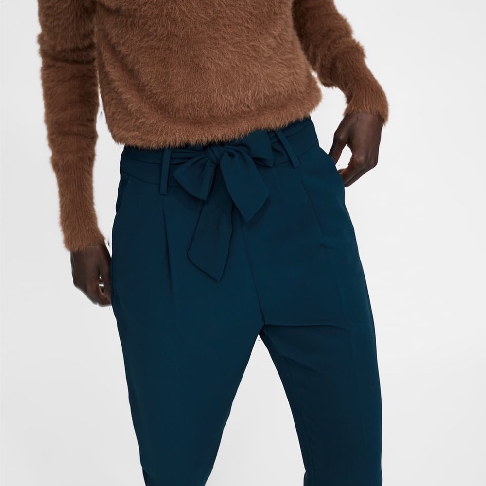 NWT Zara Emerald Aqua Paperbag Waist Skinny Pants - Picture 3 of 8